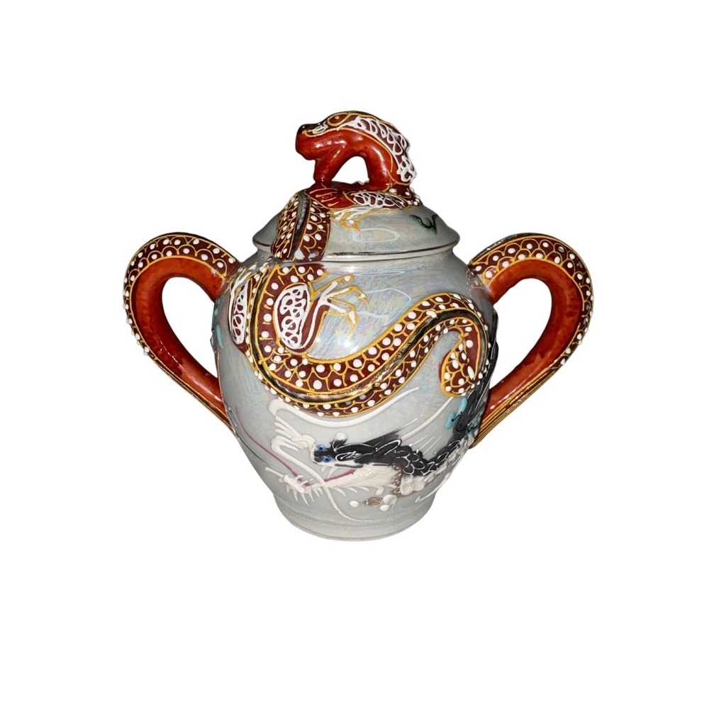 Japanese Moriage Dragonware Lusterware Sugar Bowl with Lid Iridescent Vintage
